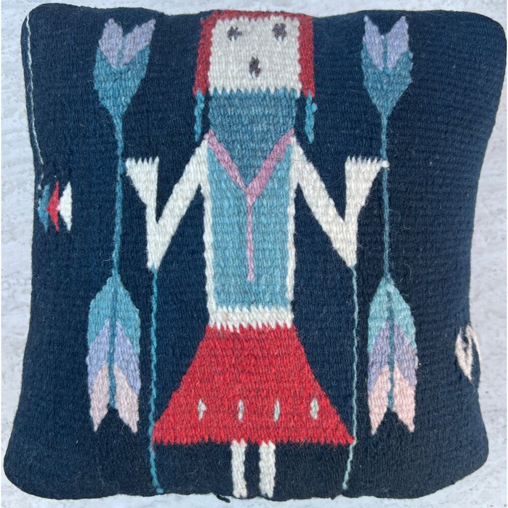 Zapotec Wish Pillow Black W/ Hand Woven Yei Figure & Heart Charm in Pocket Wool